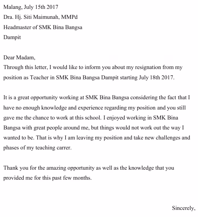 Contoh surat resign bahasa inggris