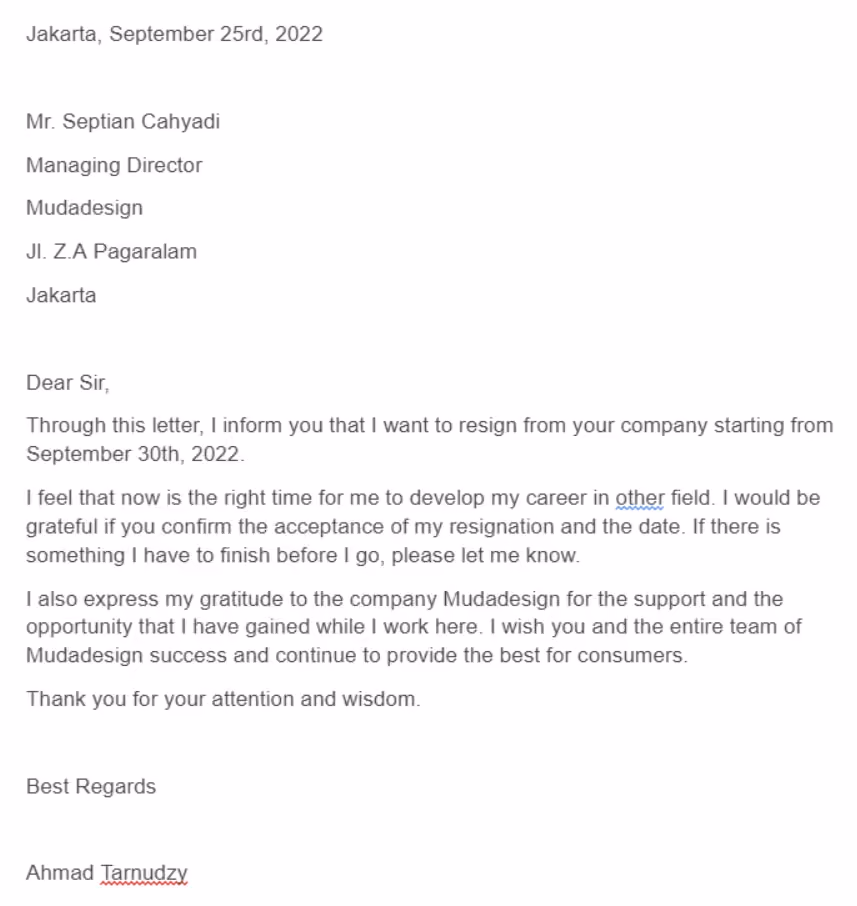 Contoh surat resign bahasa inggris karyawan
