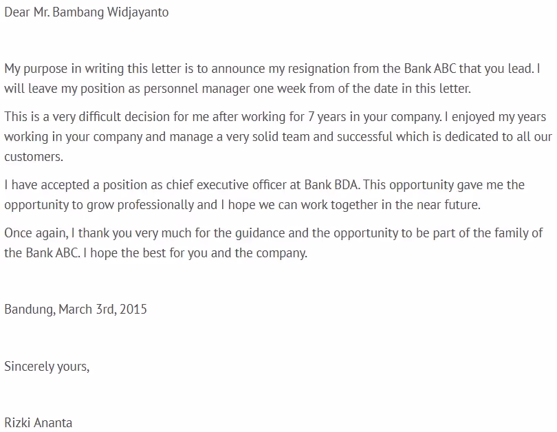 Contoh surat resign bahasa inggris pegawai bank