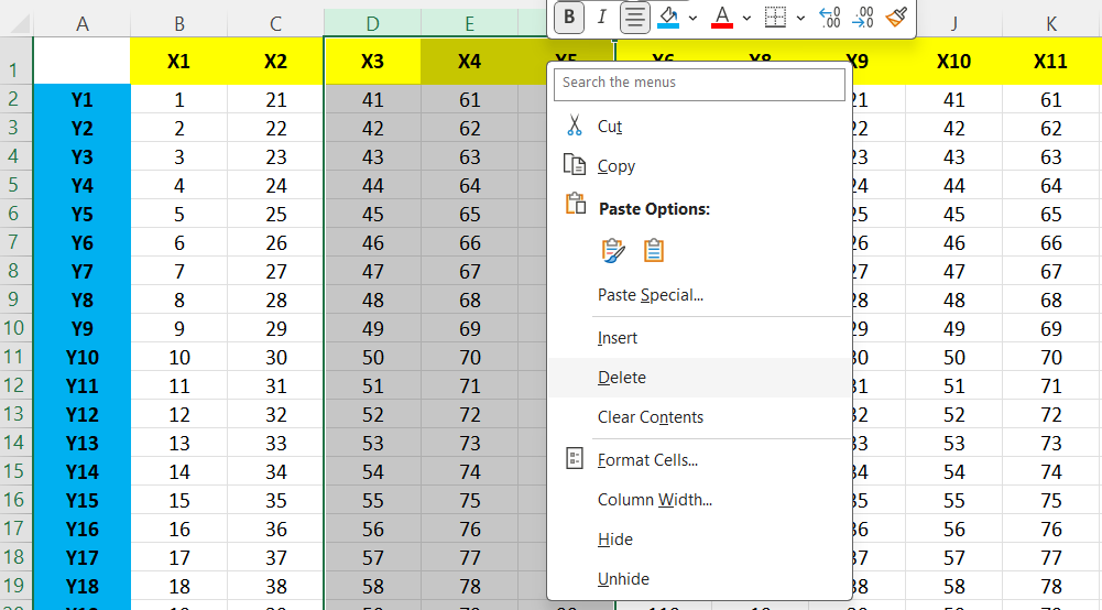 Cara menghapus kolom di Excel