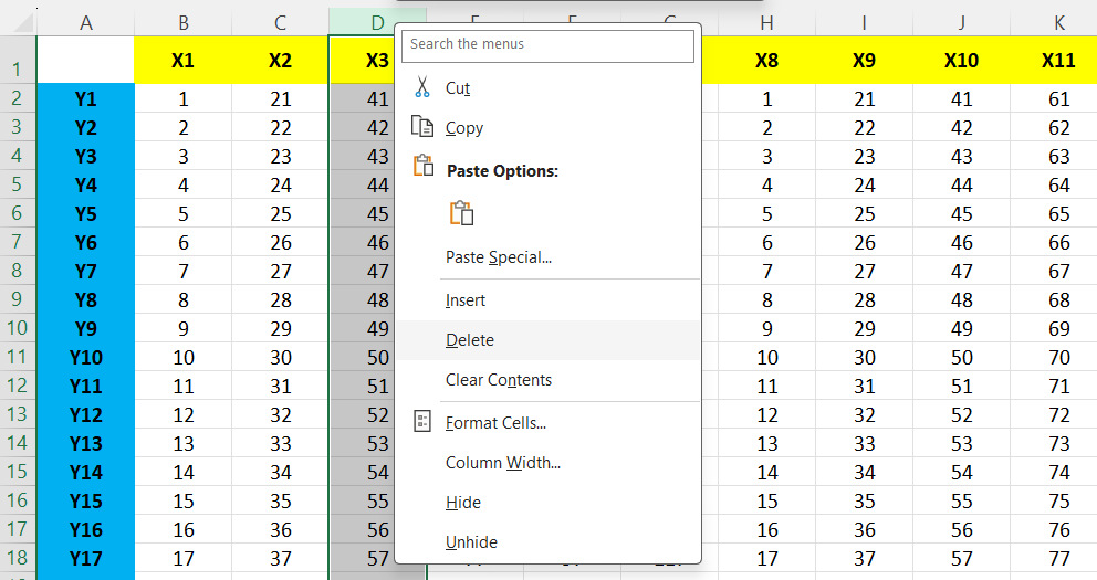 Cara menghapus kolom di Excel
