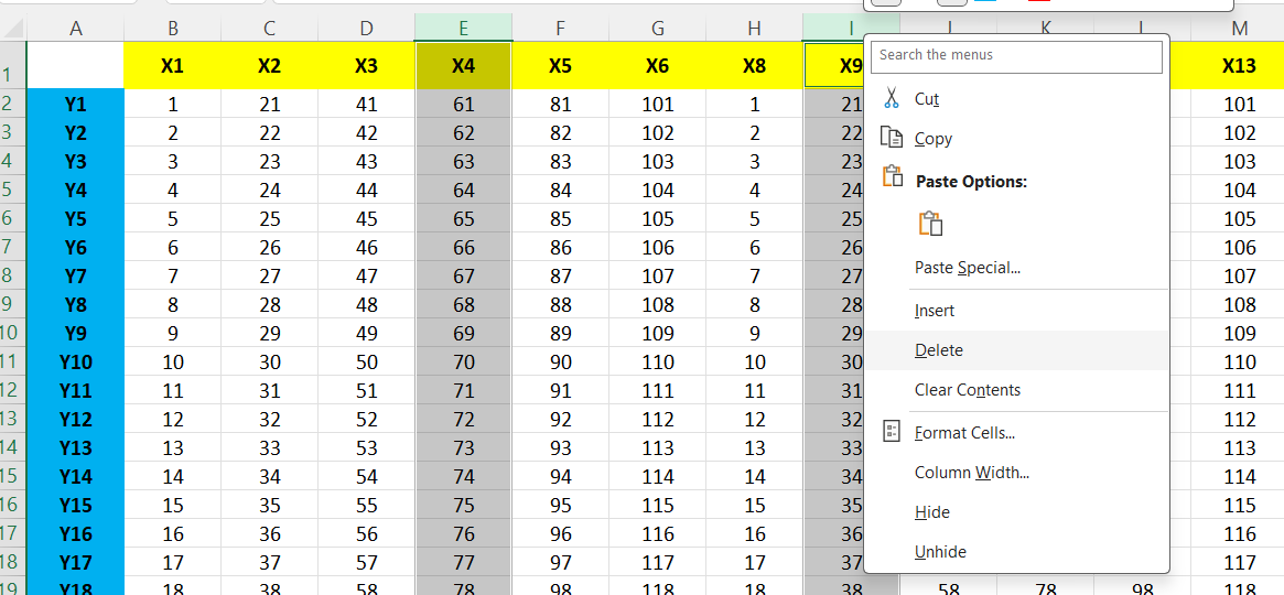 Cara menghapus kolom di Excel