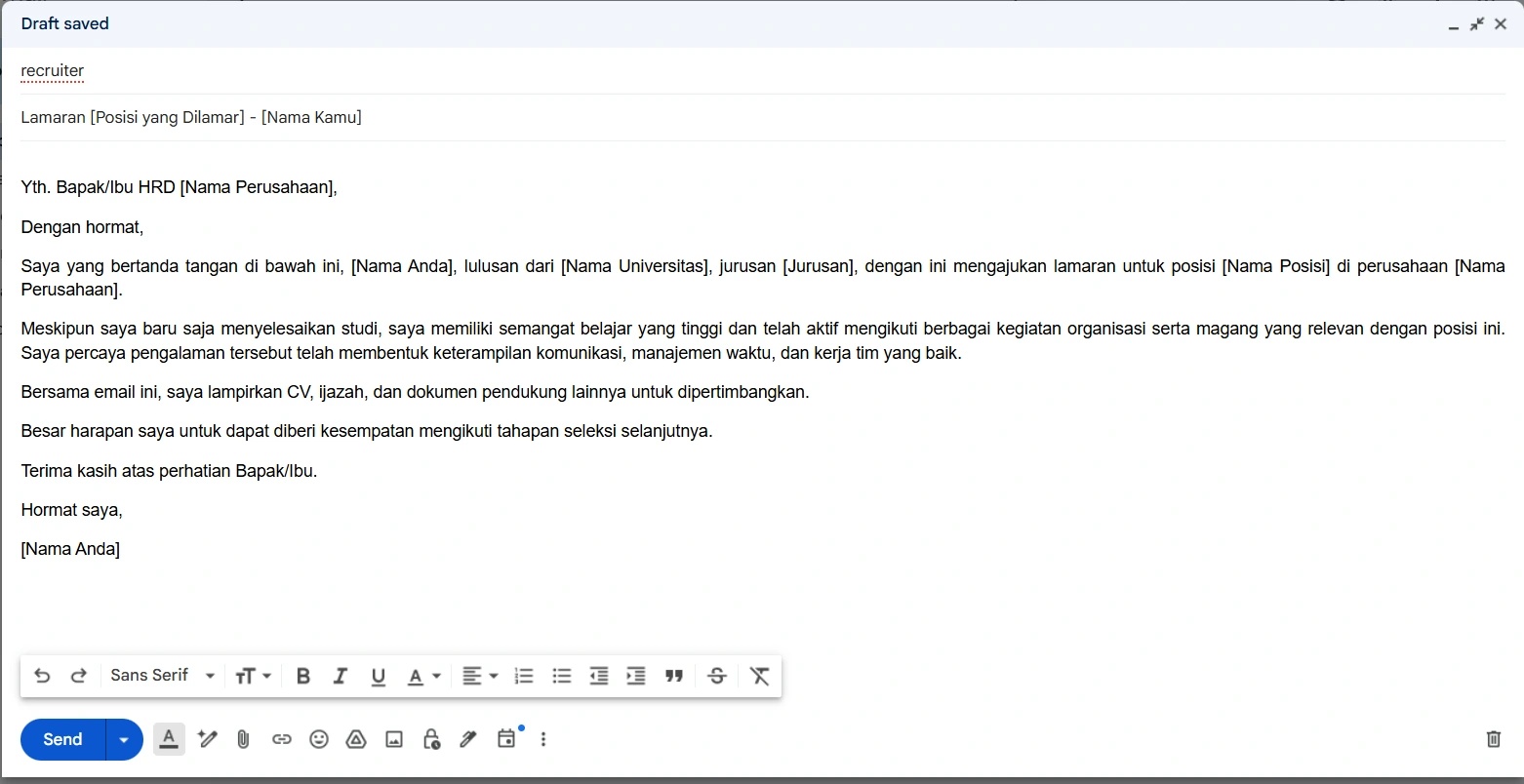 Contoh Body Email Lamaran Kerja Umum (Fresh Graduate)