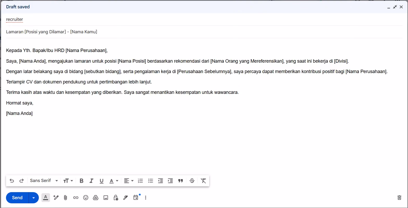 Contoh Body Email Lamaran Kerja via Referensi Karyawan