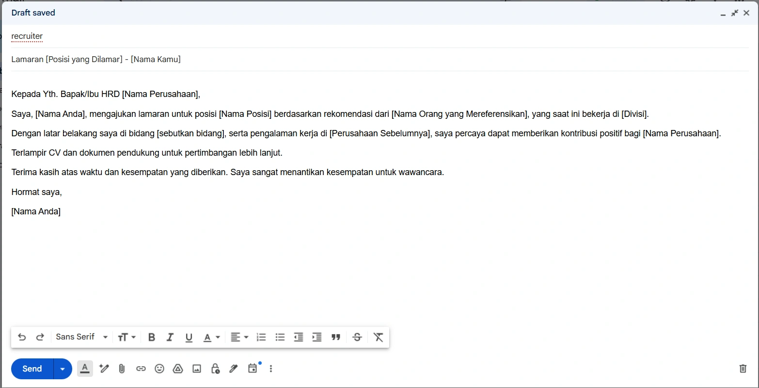 Contoh Body Email Lamaran Kerja via Referensi Karyawan
