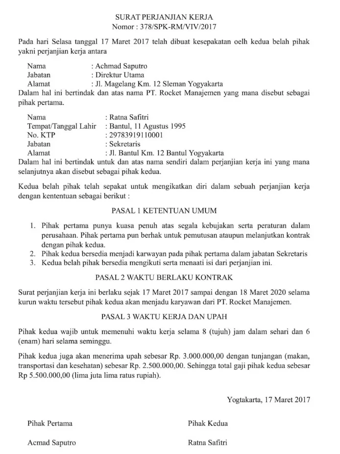 Contoh surat perjanjian kerja waktu tertentu (PKWT)