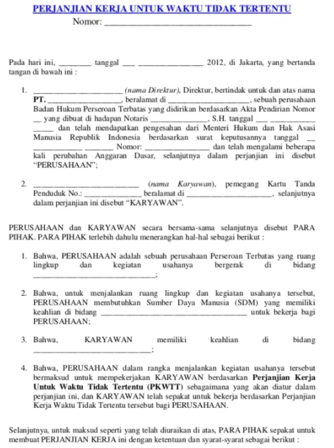 Contoh surat perjanjian kerja waktu tidak tertentu (PKWTT)