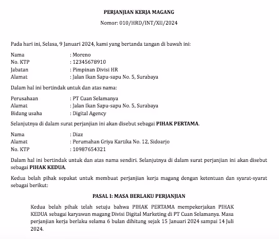 Contoh surat perjanjian kerja magang