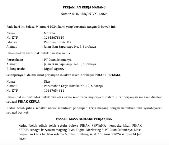 Contoh surat perjanjian kerja magang