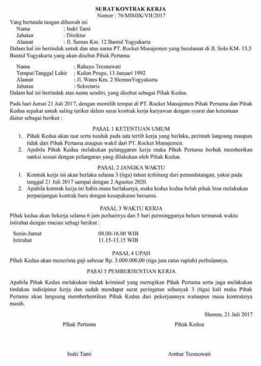 Contoh surat perjanjian kerja paruh waktu