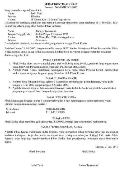 Contoh surat perjanjian kerja paruh waktu
