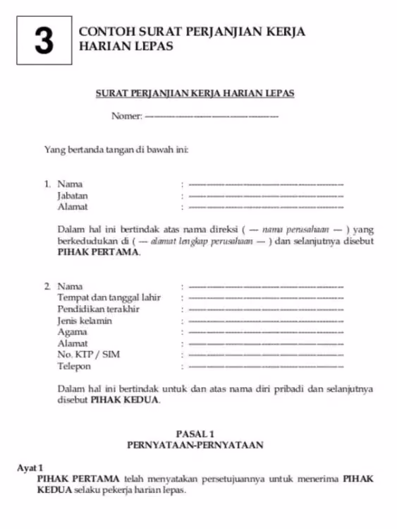 Contoh surat perjanjian kerja harian lepas