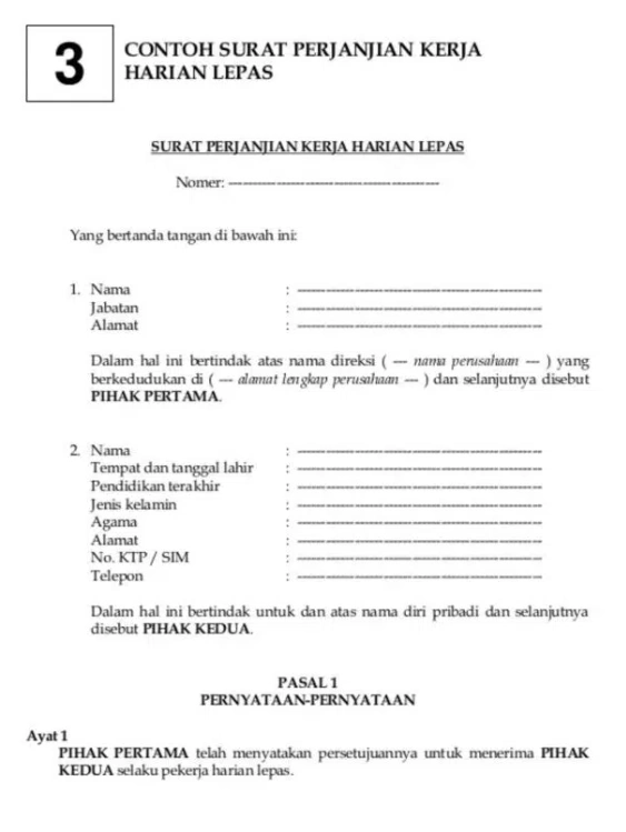 Contoh surat perjanjian kerja harian lepas