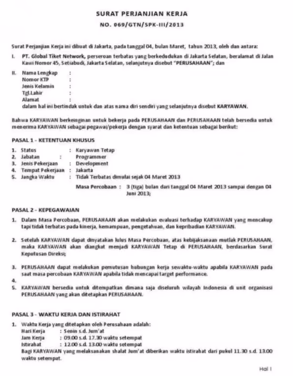 Contoh surat perjanjian kerja karyawan tetap