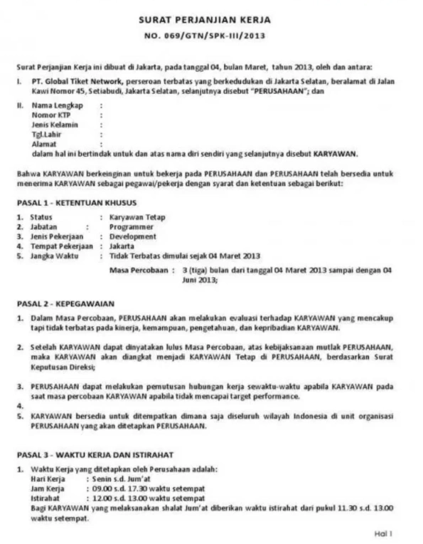 Contoh surat perjanjian kerja karyawan tetap