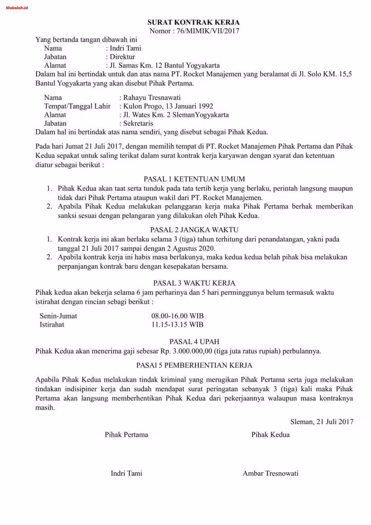 contoh surat kontrak kerja