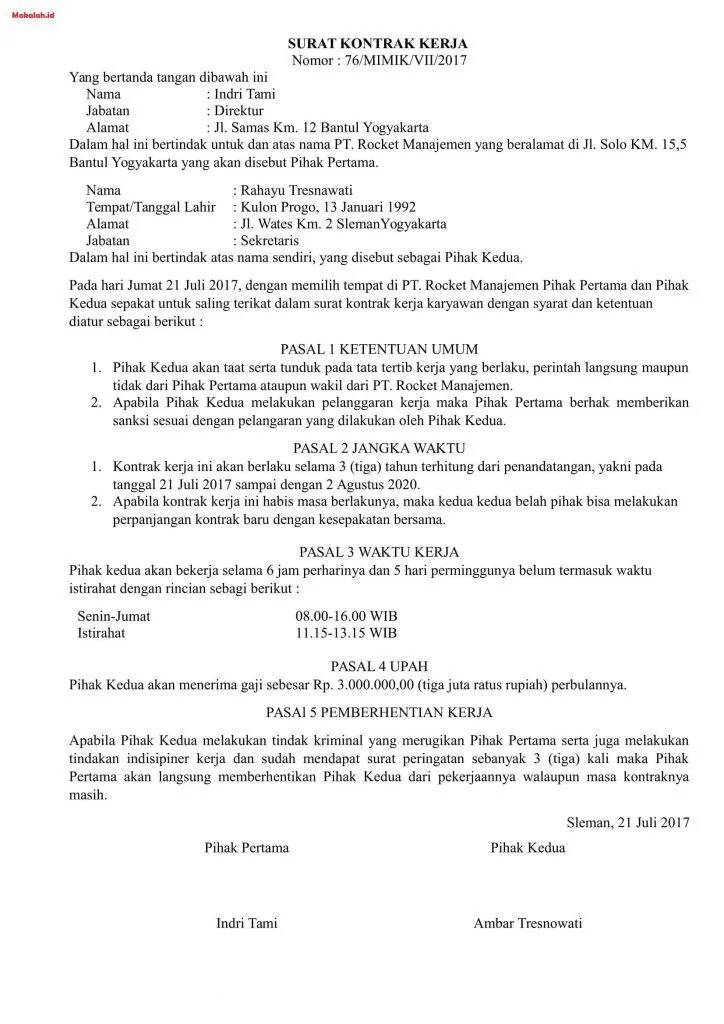contoh surat kontrak kerja