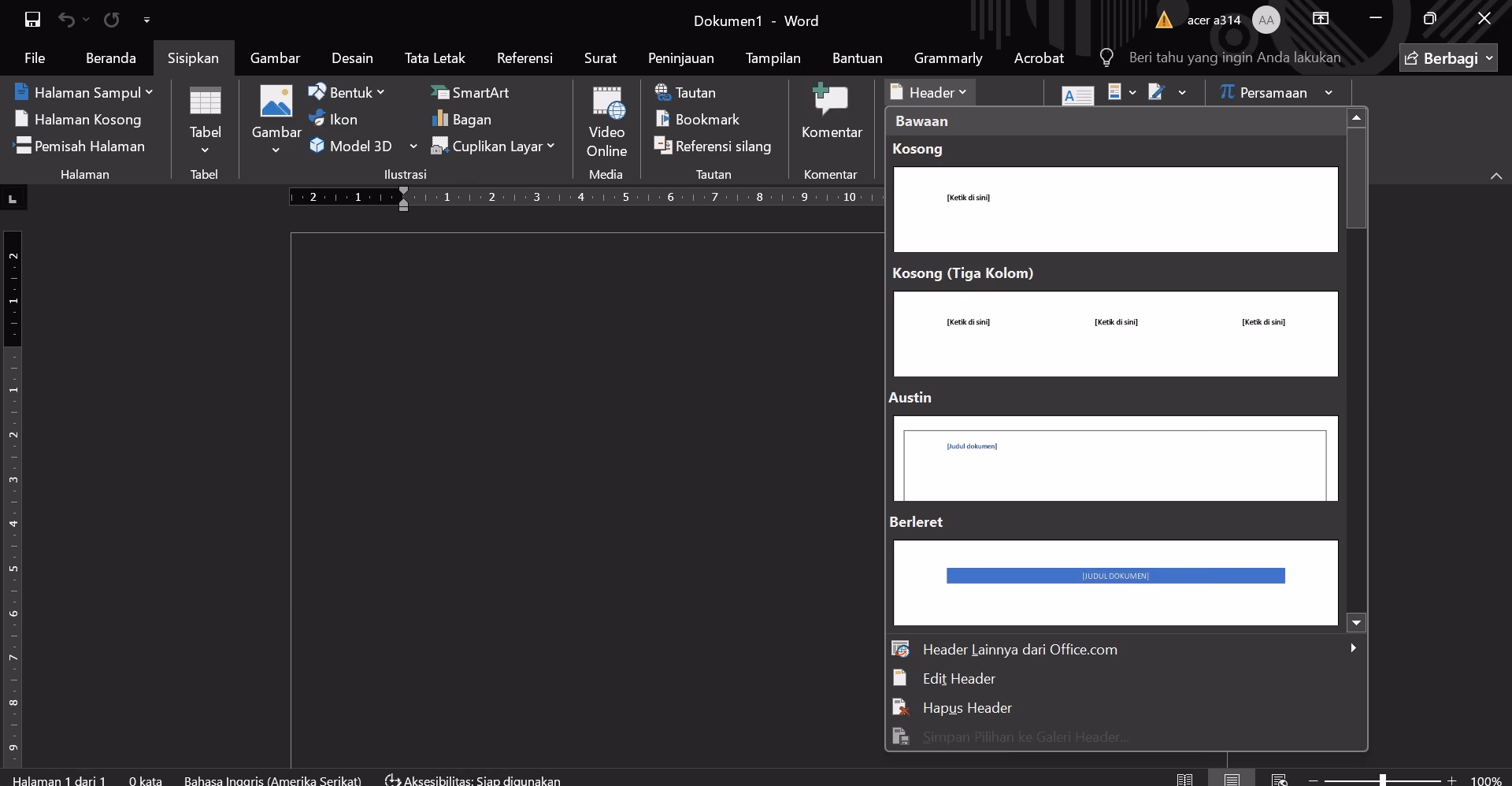 cara membuat nomor halaman di word lewat header