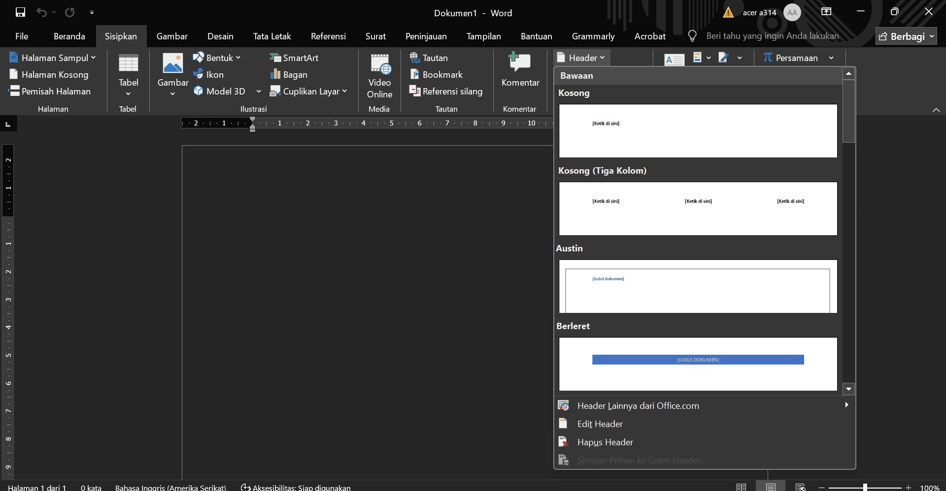 cara membuat nomor halaman di word lewat header