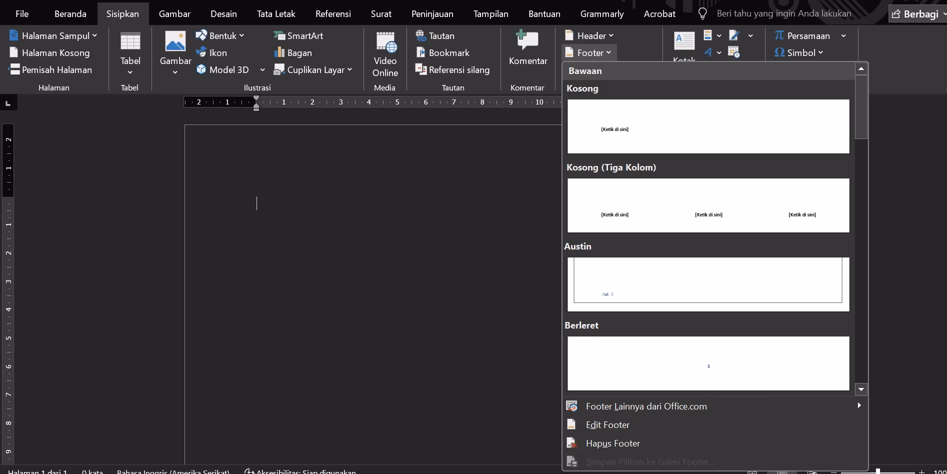 cara membuat nomor halaman di word lewat footer