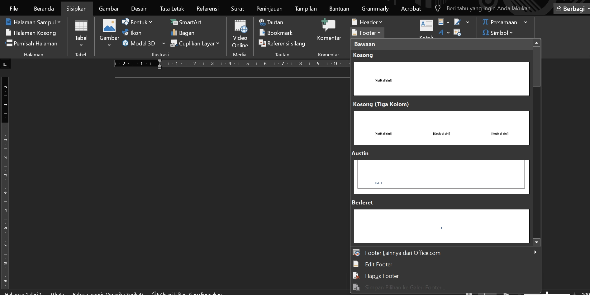 cara membuat nomor halaman di word lewat footer