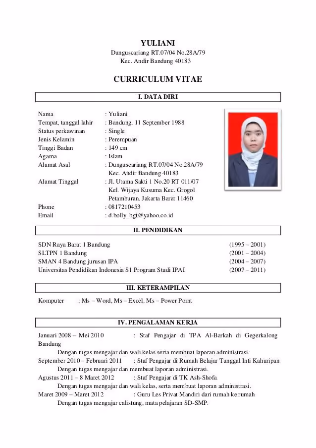 contoh daftar riwayat hidup guru