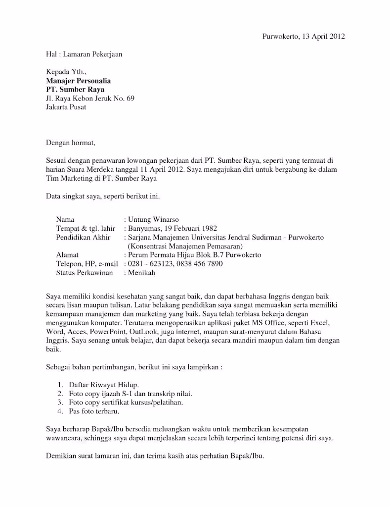contoh cover letter