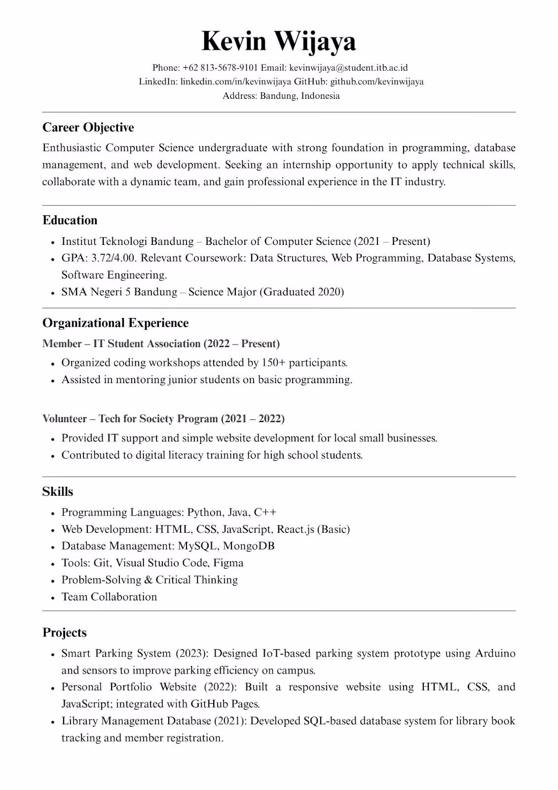 Contoh CV bahasa Inggris fresh graduate