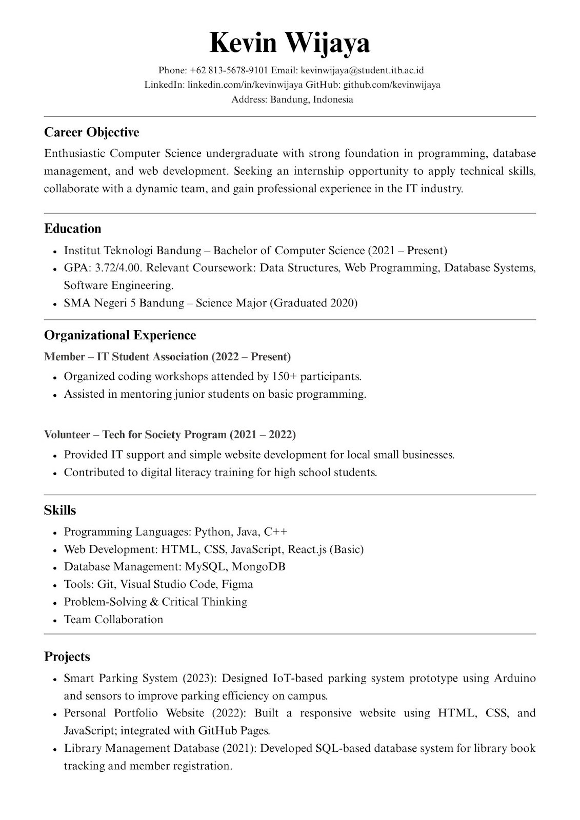 Contoh CV bahasa Inggris fresh graduate