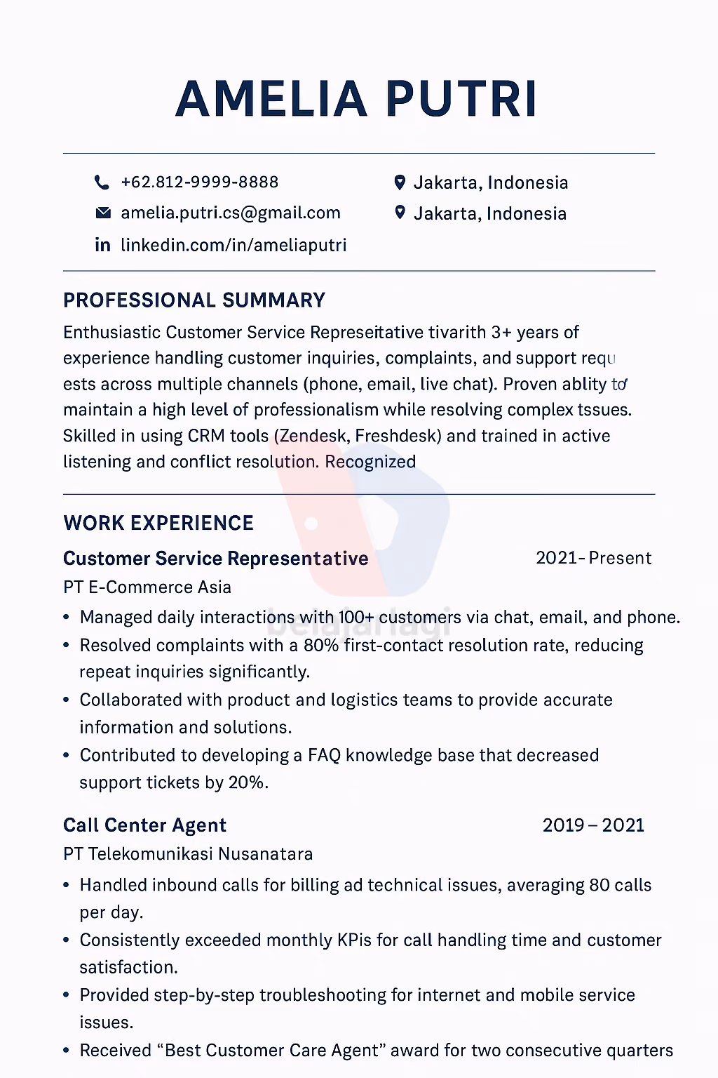 contoh cv bahasa inggris customer service