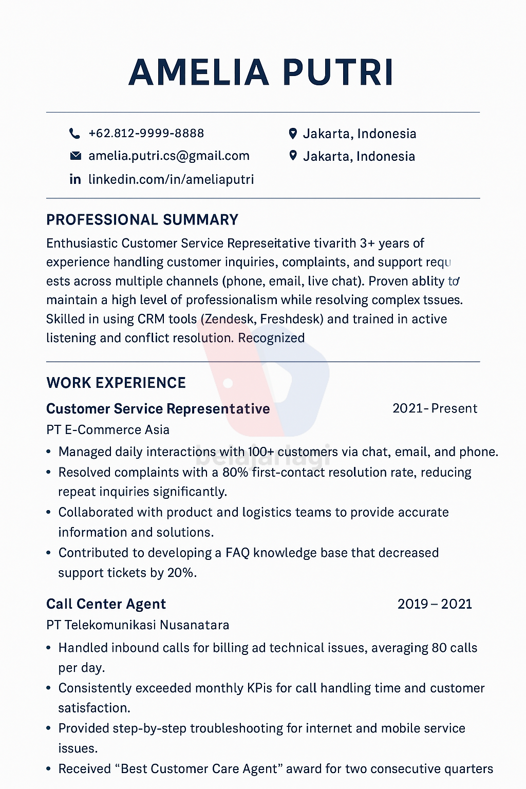 contoh cv bahasa inggris customer service