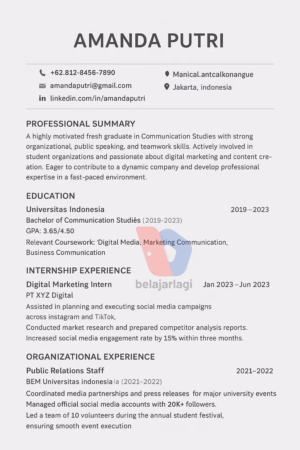 Contoh CV Bahasa Inggris Fresh Graduate