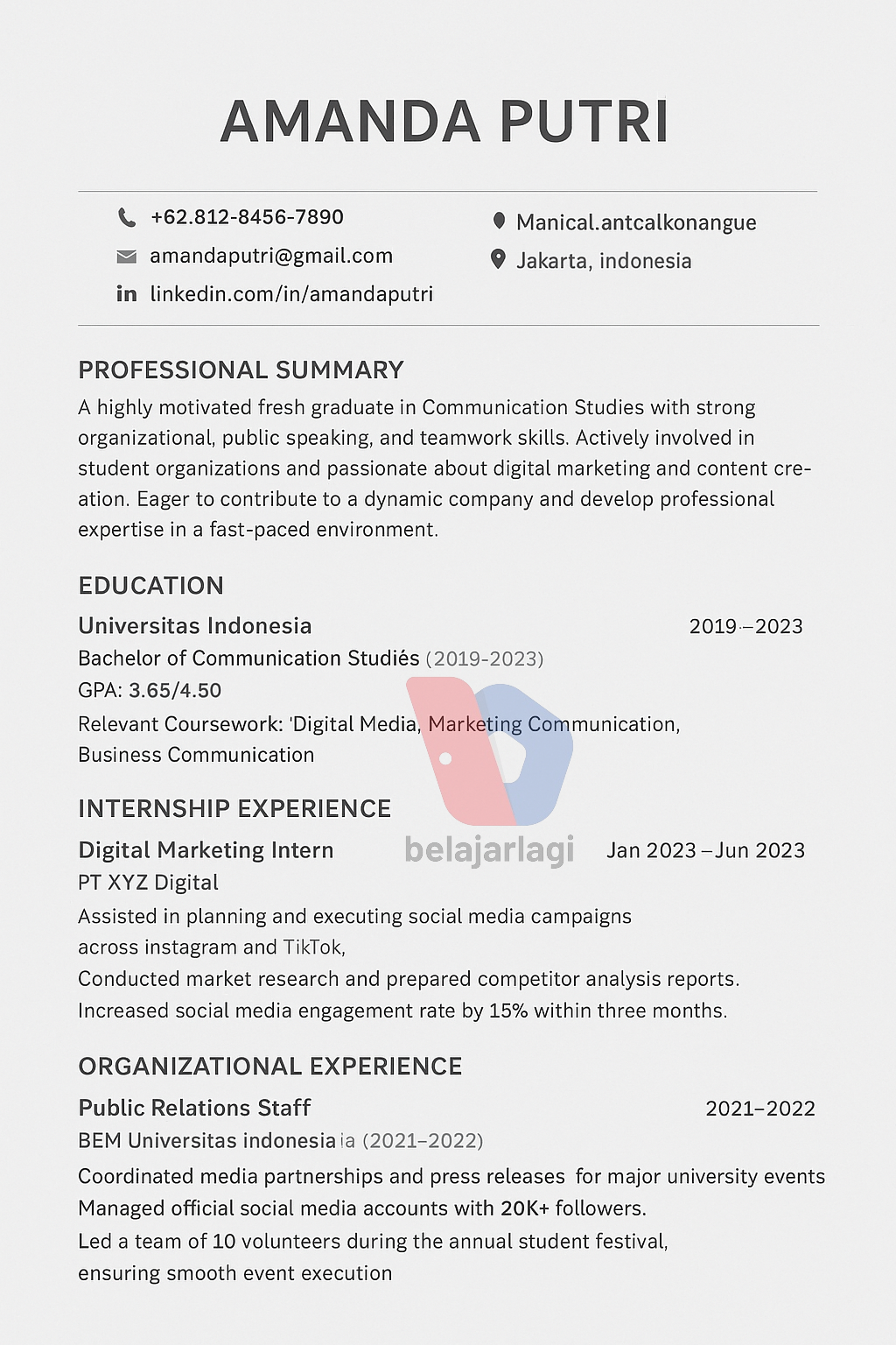 Contoh CV Bahasa Inggris Fresh Graduate