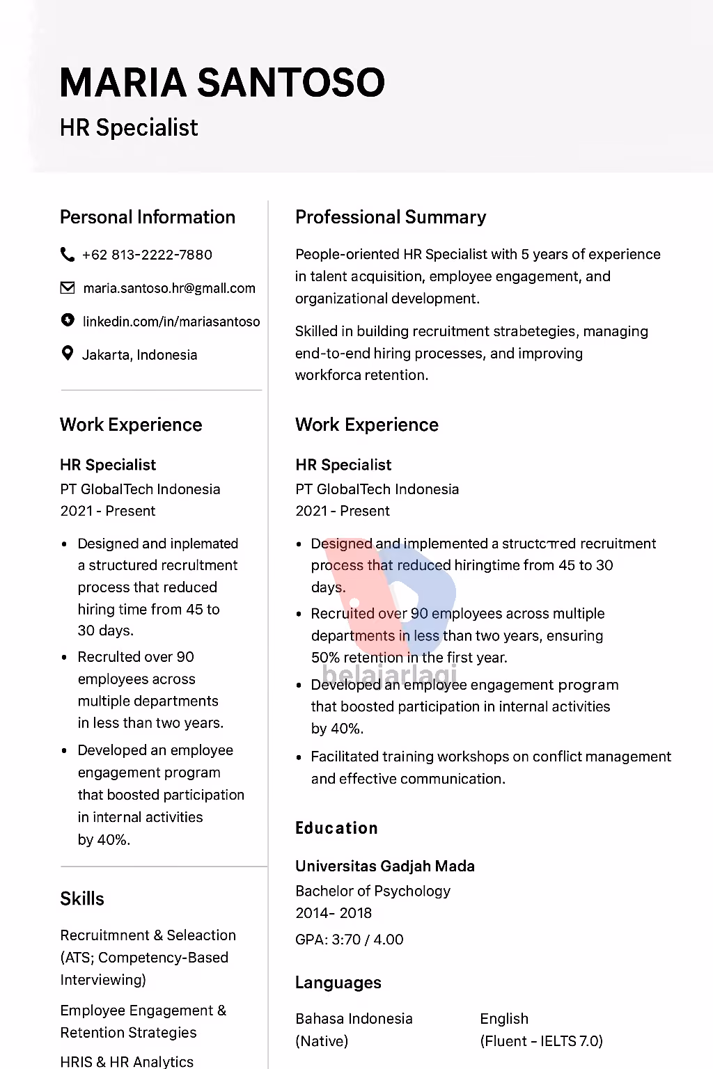 Contoh CV Bahasa Inggris Posisi Recruiter