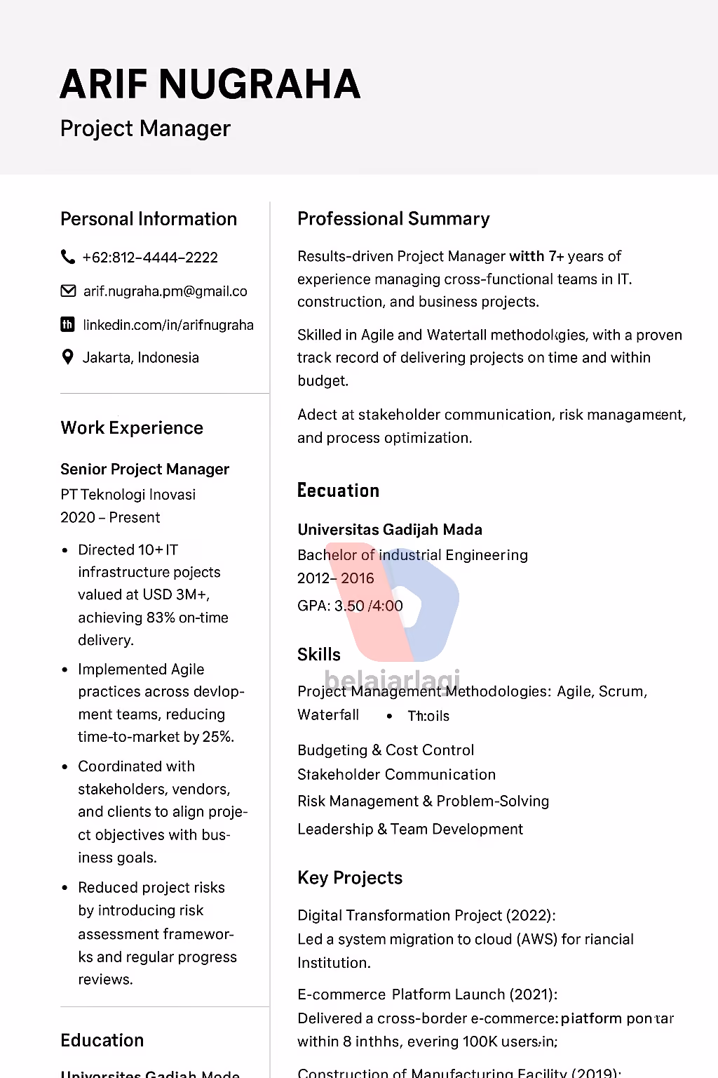 Contoh CV Bahasa Inggris Posisi project manager