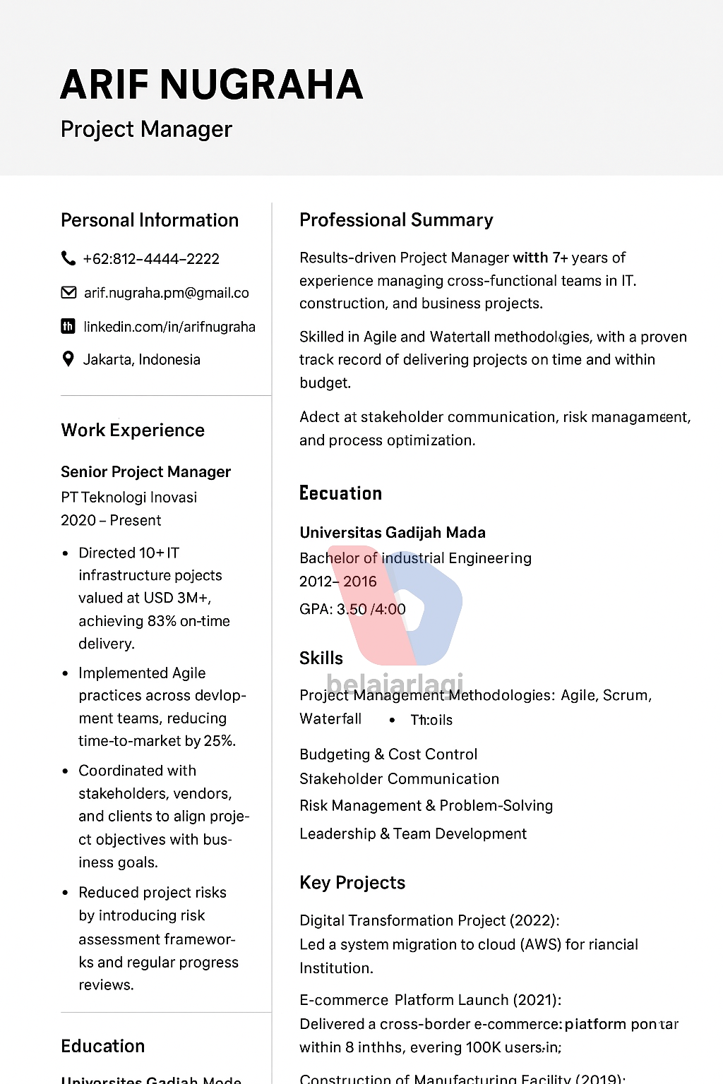 Contoh CV Bahasa Inggris Posisi project manager