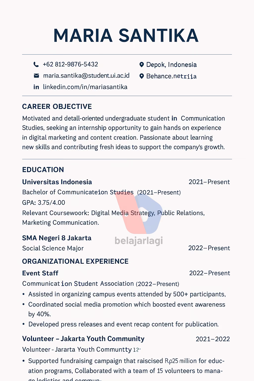 Contoh CV Bahasa Inggris mahasiswa internship magang