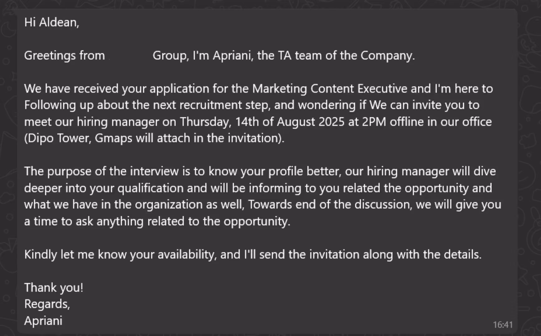 contoh panggilan interview di whatsapp