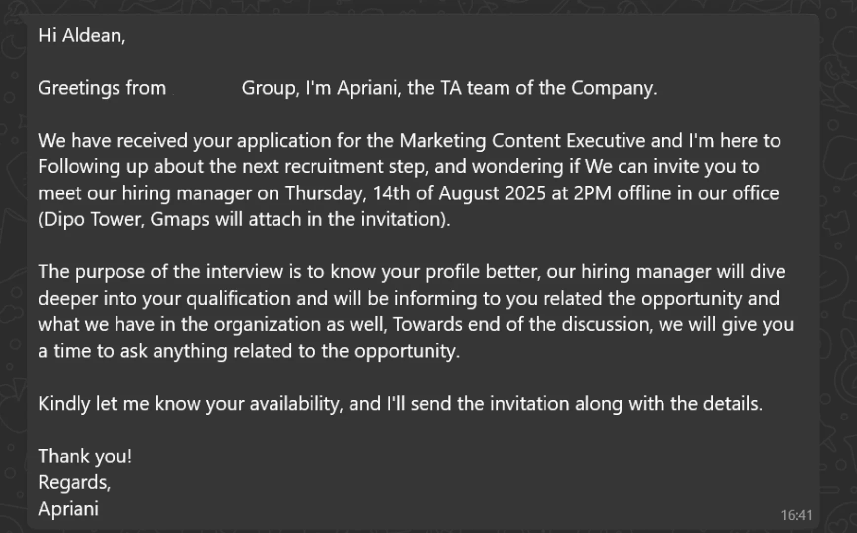 contoh panggilan interview di whatsapp