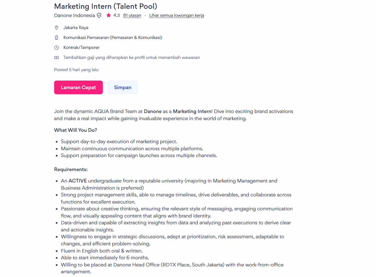 lowongan internship marketing