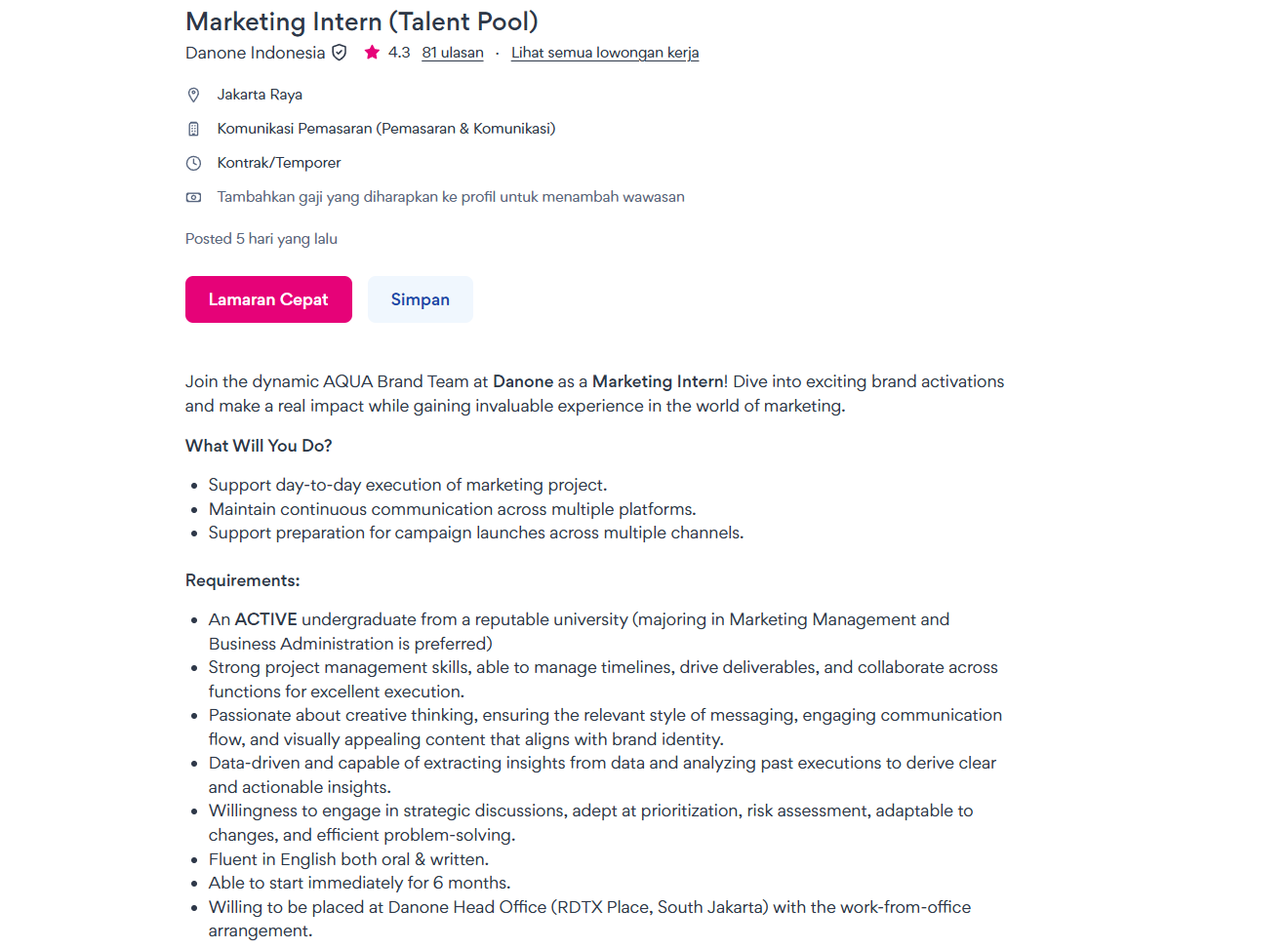 lowongan internship marketing