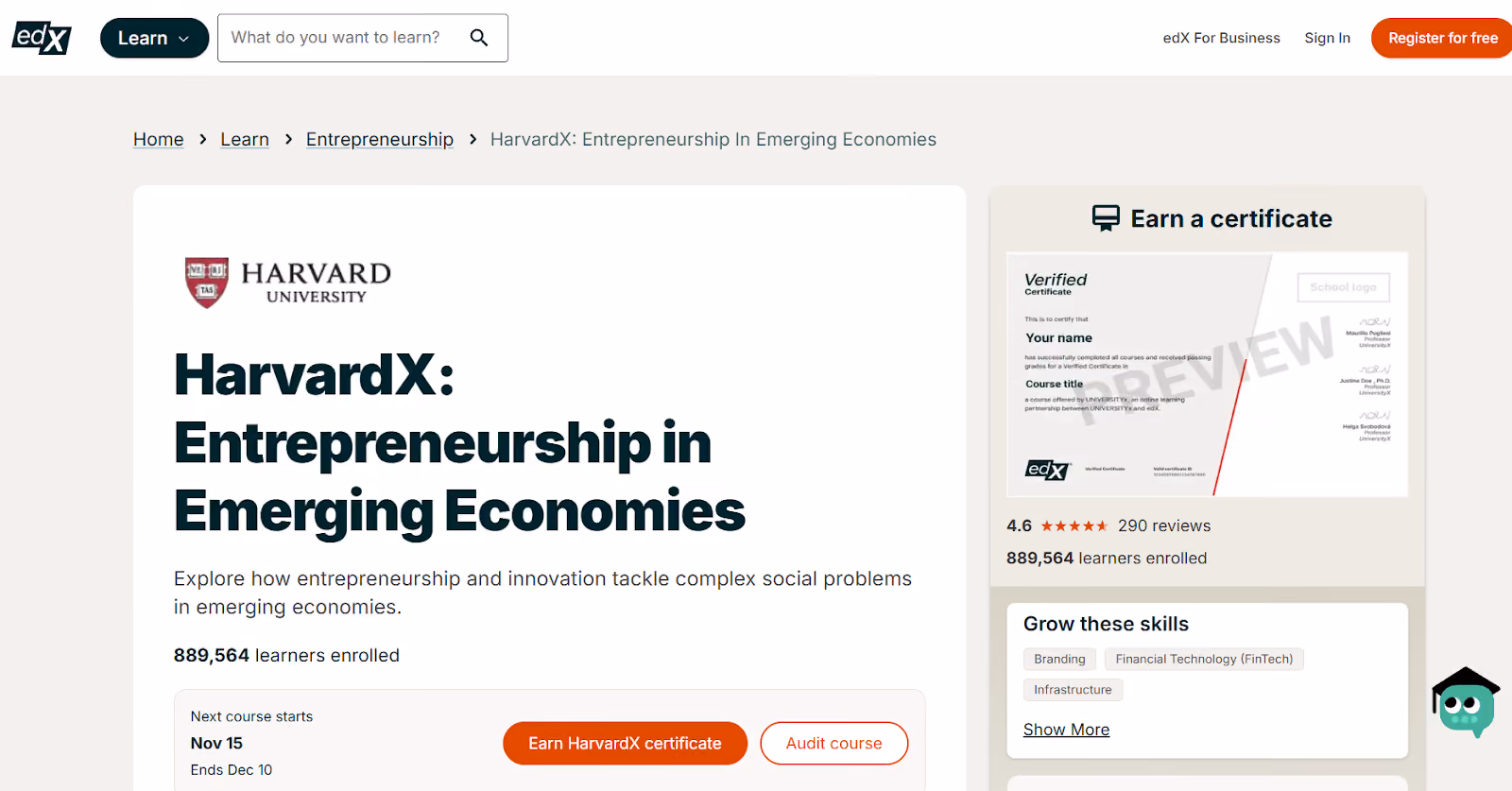 Rekomendasi pelatihan sertifikasi gratis: edx entreprenuership