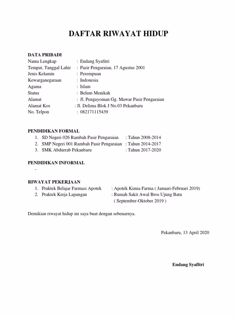 contoh Daftar riwayat hidup