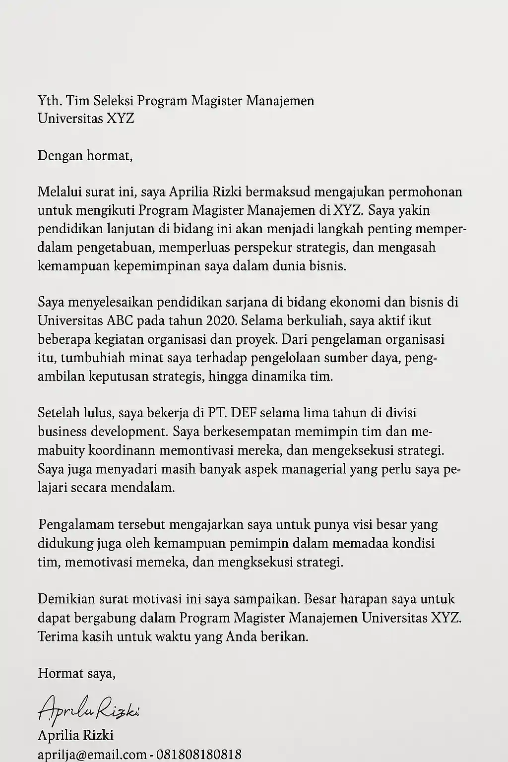 contoh motivation letter bahasa indonesia
