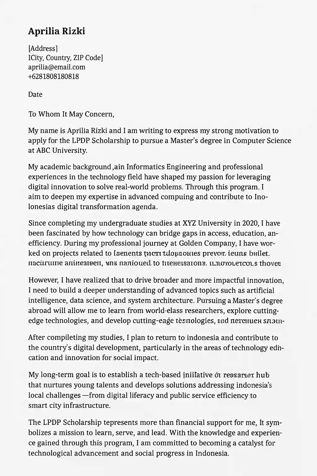 contoh motivation letter bahasa inggris