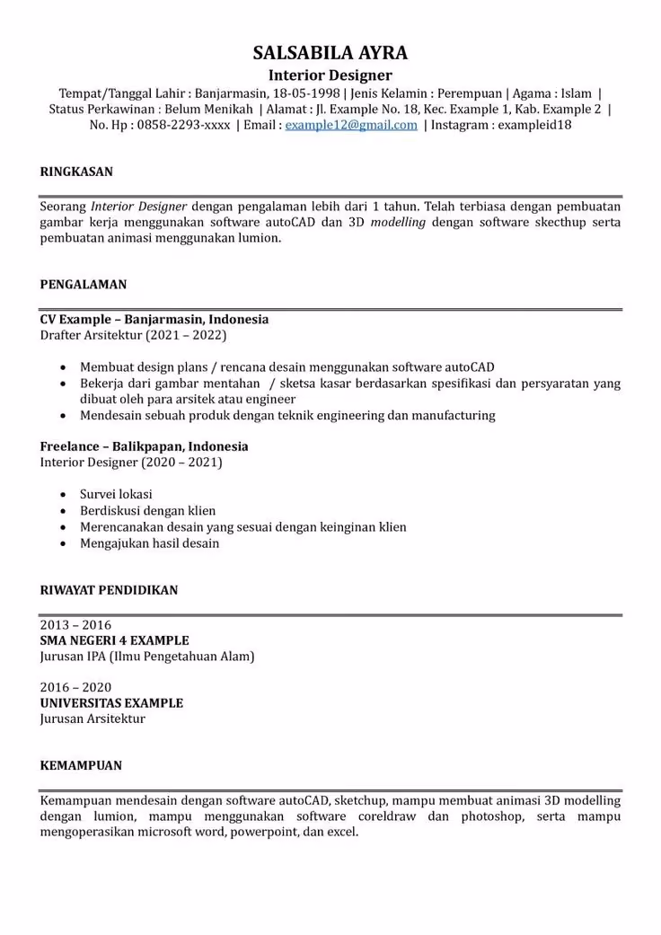 Contoh CV ATS Interior Designer