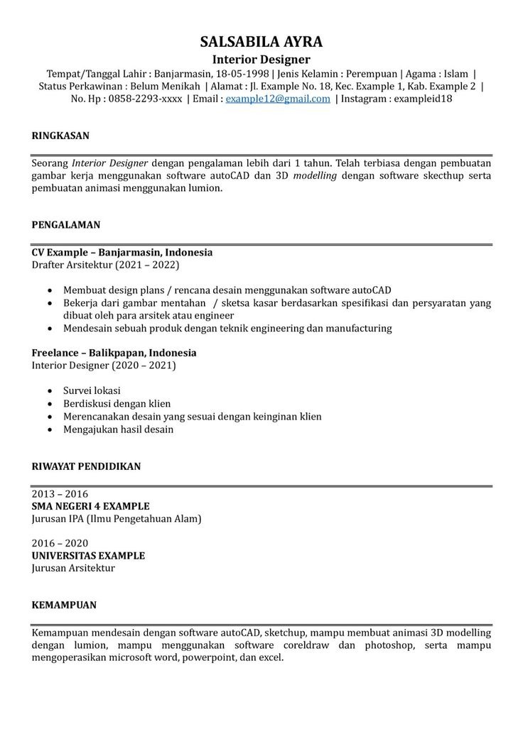 Contoh CV ATS Interior Designer