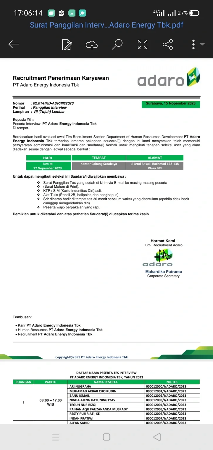 Contoh Panggilan Kerja Palsu PT. Adaro Energy Indonesia