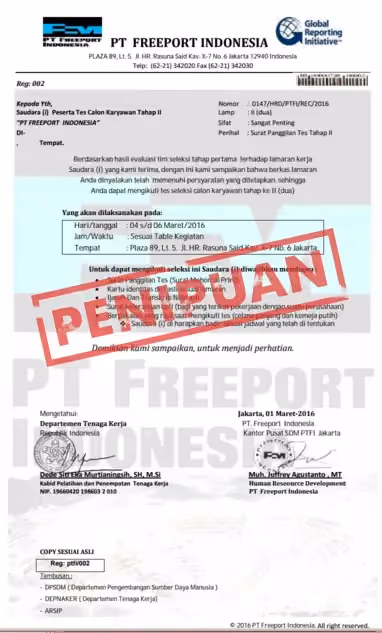 Contoh Panggilan Kerja Palsu PT. Freeport Indonesia