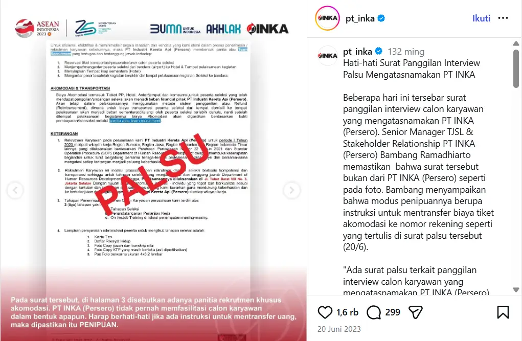 Contoh Panggilan Kerja Palsu PT. INKA